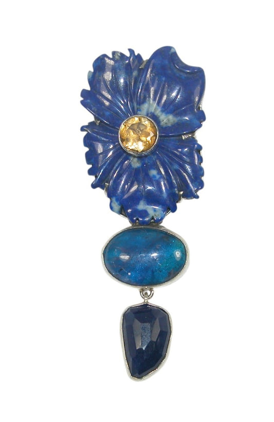 Citrine and Blue Lapis Carved Flower with Quartz Pin and Pendant