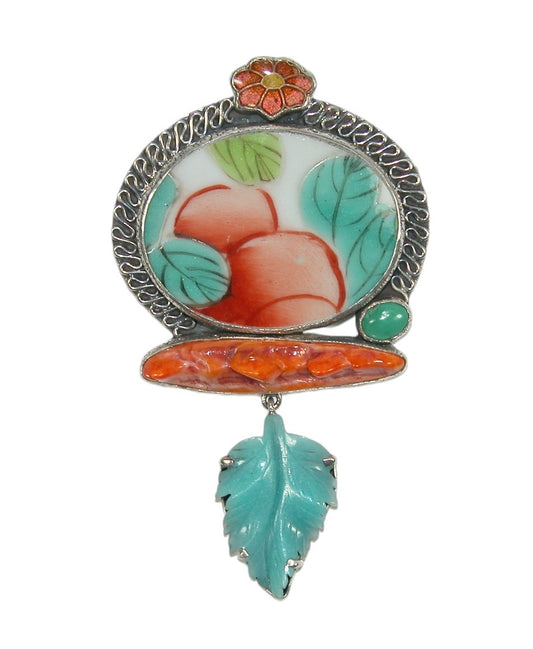 32406A Floral Porcelain Pin Pendant with Spiny Oyster Pin and Pendant