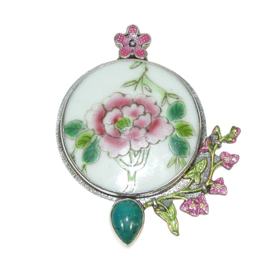 Chrysocolla and Hand Enameled Circle Floral Hand Painted Sterling Silver Pin and Pendant