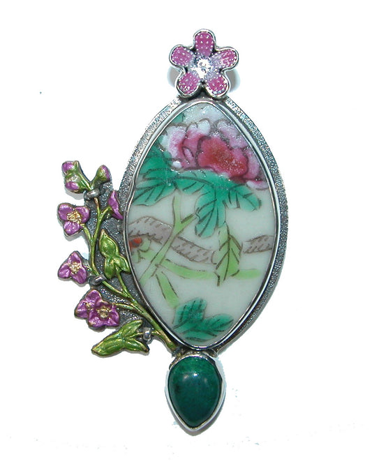 32407 Hand Enameled Oval Floral Sterling Silver Pin and Pendant