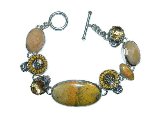 Bumble Bee Jasper Citrine Yellow Jade Sunflower Enamel Sterling Silver Bracelet