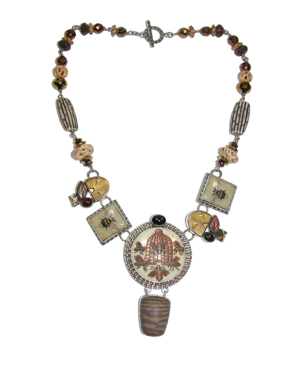 Bees on Hand Carved Bone Necklace