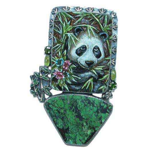 32412 Hand Carved Hand Painted Bone Panda, Turquoise, Peridot Sterling Silver Pin and Pendant