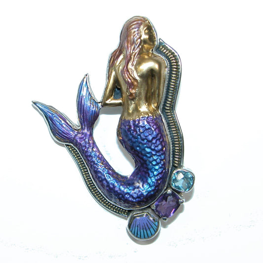Purple Mermaid Enamel Amethyst and Blue Topaz Sterling Silver Pin and Pendant