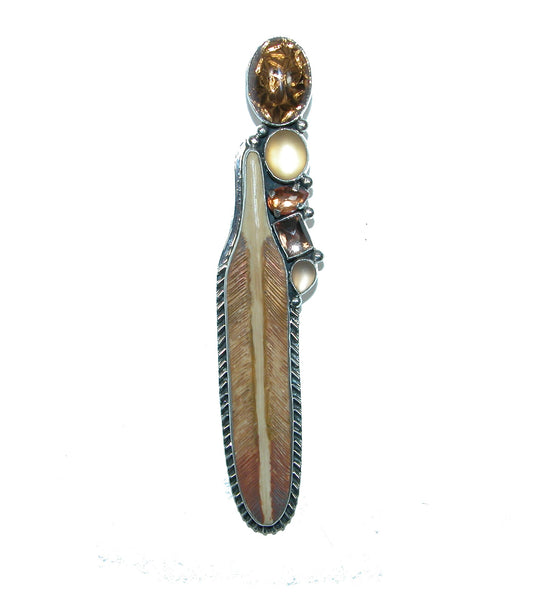 Hand Carved Bone Feather, Citrine, Gold Under Quartz, Vintage Glass Sterling Silver Pin and Pendant