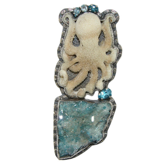 32445 Blue Topaz and Hand Carved Antler Octopus Pin and Pendant