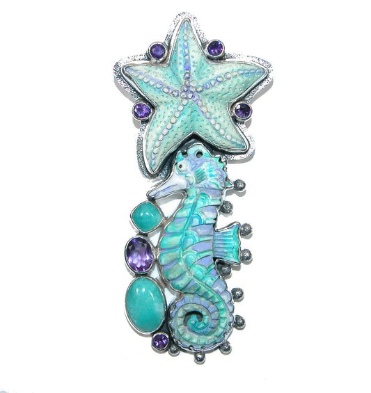32446 Carved Seahorse Seashell Sterling Silver Pin and Pendant