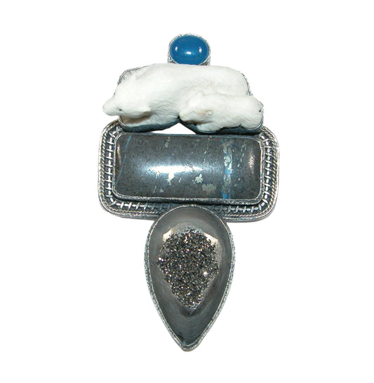 32452 Lapis, Carved Bear Sterling Silver Pin and Pendant
