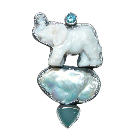 Carved Elephant Pearl Sterling Silver Pin and Pendant