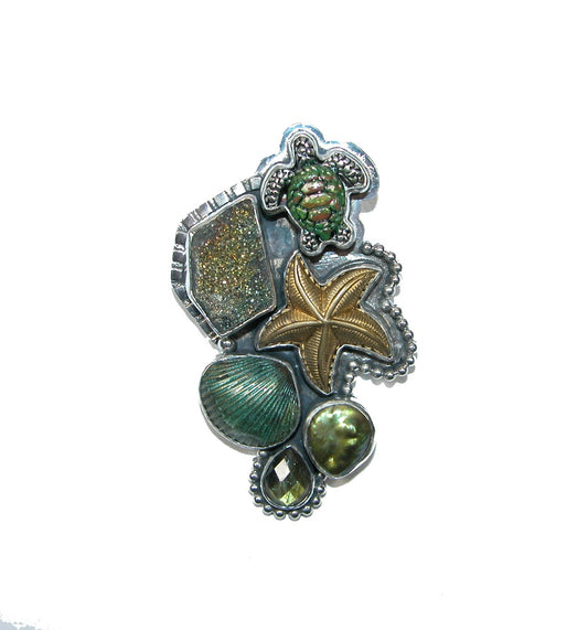 32458 Rainbow Pyrite Drusy Sealife Pin Pendant