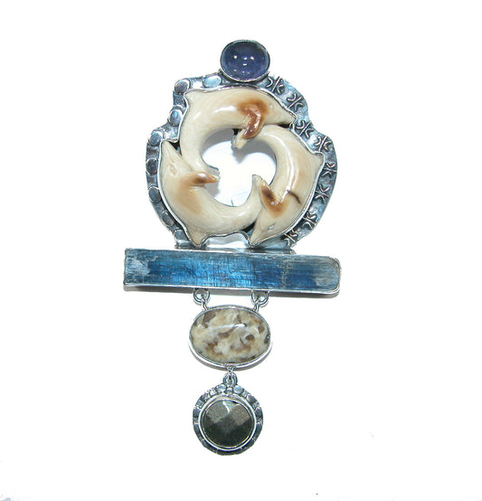 32459 Carved Fossil Dolphin Sterling Silver Pin Pendant
