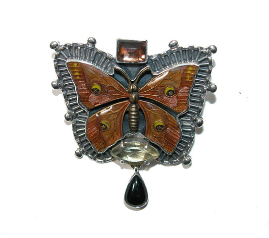 32461 Lemon Citrine Celestial Quartz Rose Gold Black Onyx Hand Enameled Sterling Silver Butterfly Pin Pendant