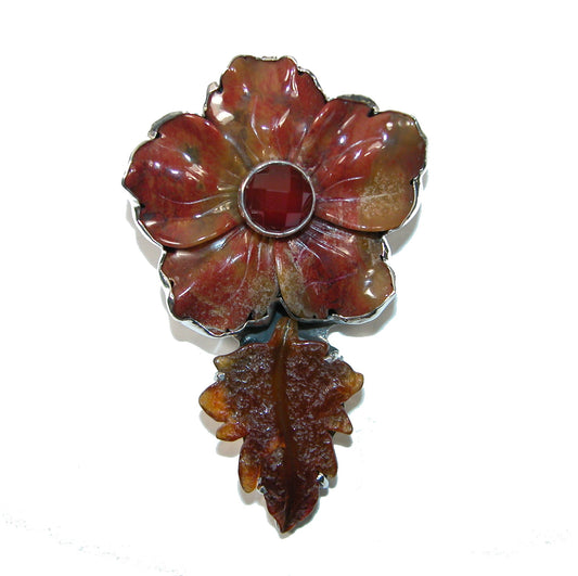 Hand Carved Jasper Flower Carnelian Pin and Pendant