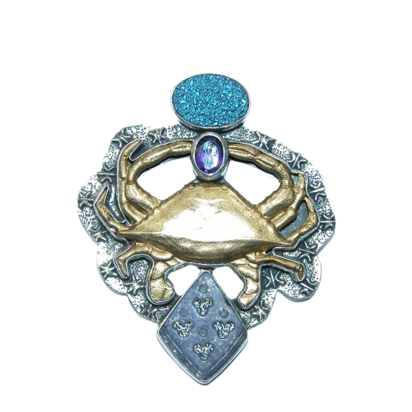 32468 Drusy, Crab Hand Enameled Butterfly Sterling Silver Pin and Pendant
