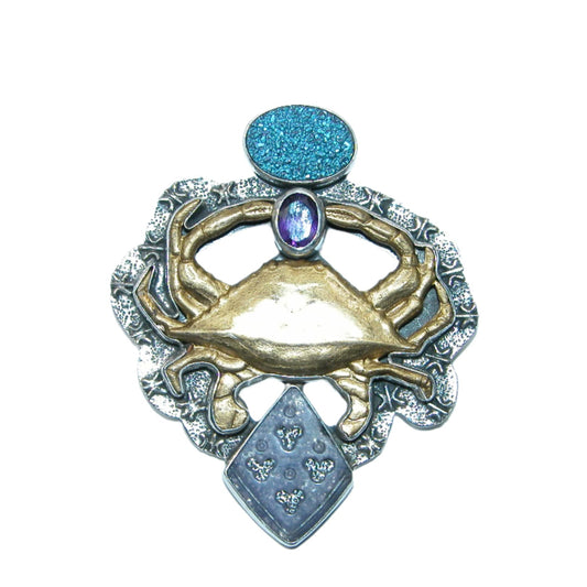 32468 Drusy, Crab Hand Enameled Butterfly Sterling Silver Pin and Pendant