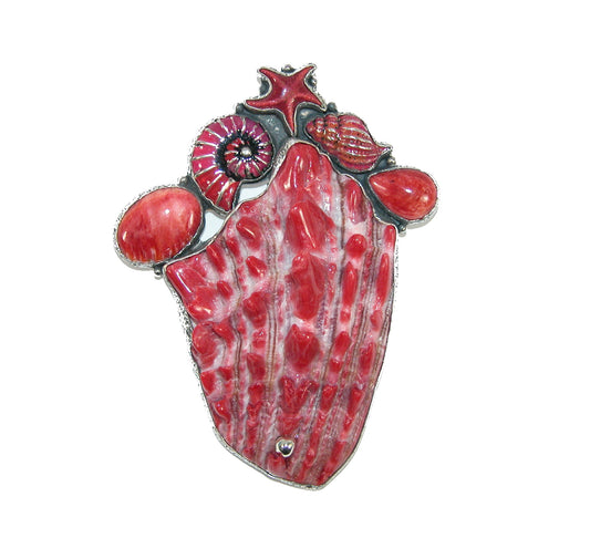 Red Coral Seashell Starfish Sterling Silver Pin and Pendant