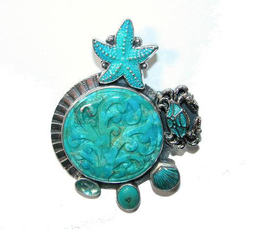 32470 Hand Carved Turquoise, Hand Enameling, Quartz, Sterling Silver Pin and Pendant