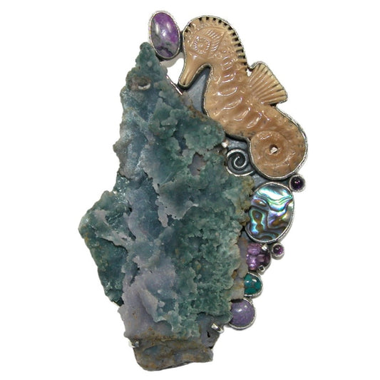Natural Mineral, Amethyst, Abalone, Apetite with Hand Carved Fossil Ivory Seahorse Pin Pendant