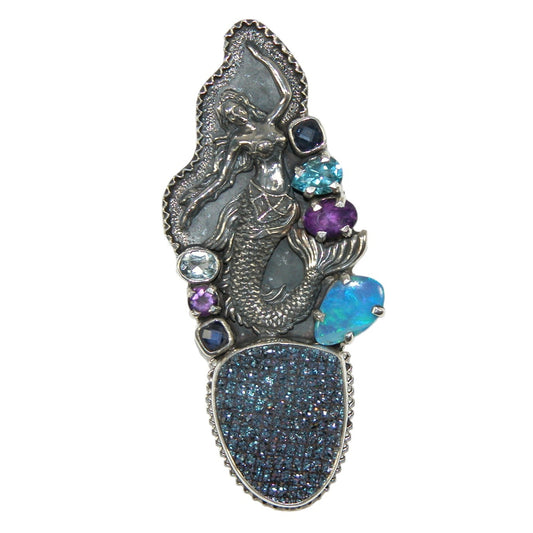 32471 Mermaid Opal Drusy Amethyst Blue Topaz Sterling Silver Pin or Pendant