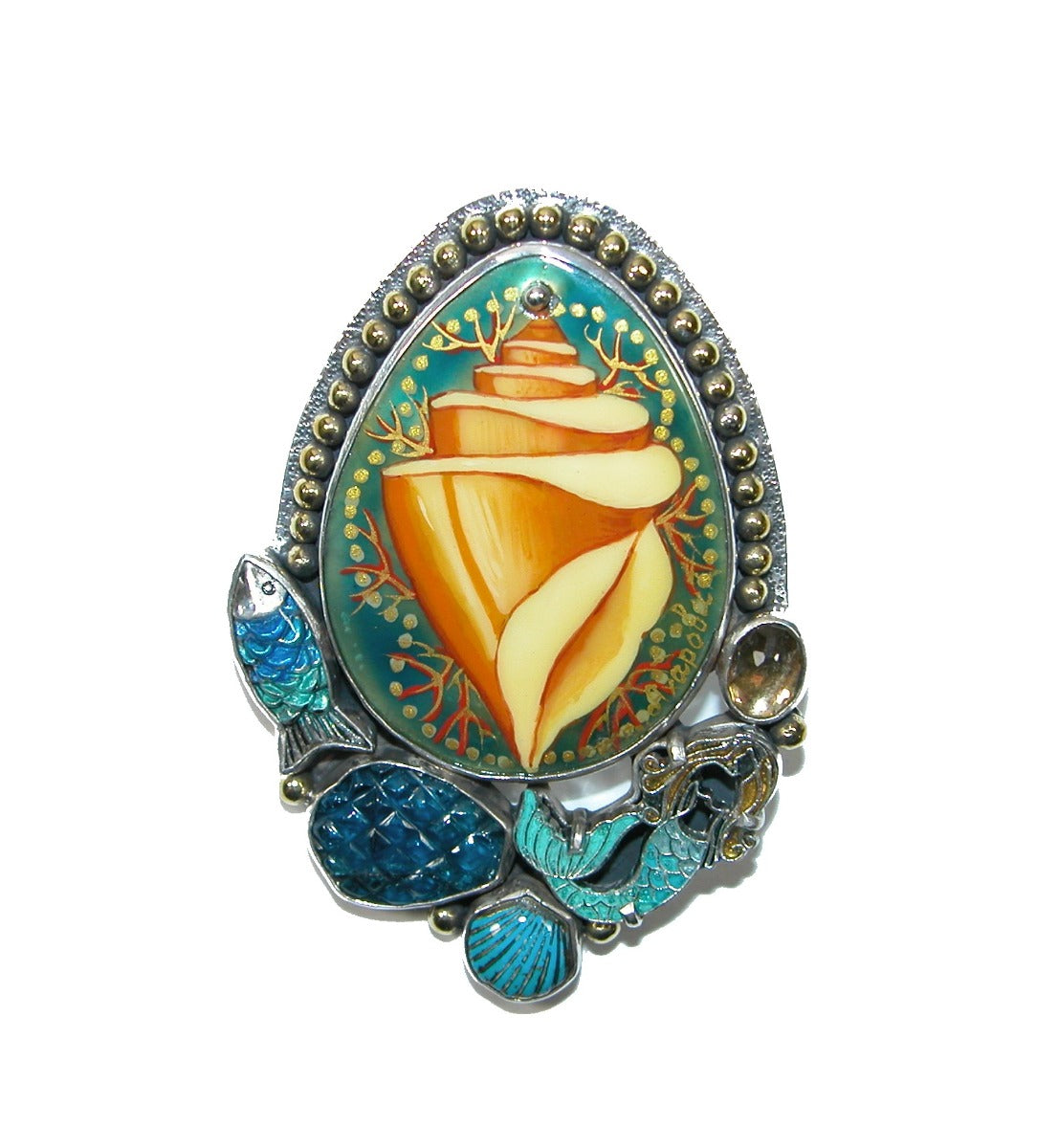 Hand Painted Shell on Mother of Pearl Sealife Pin Pendant