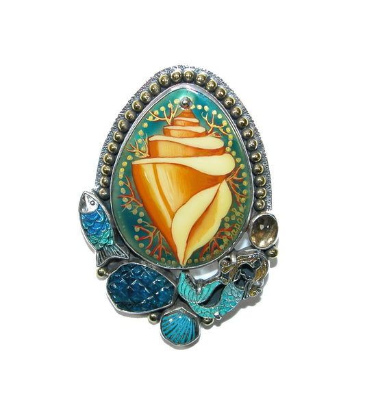 Hand Painted Shell on Mother of Pearl Sealife Pin Pendant