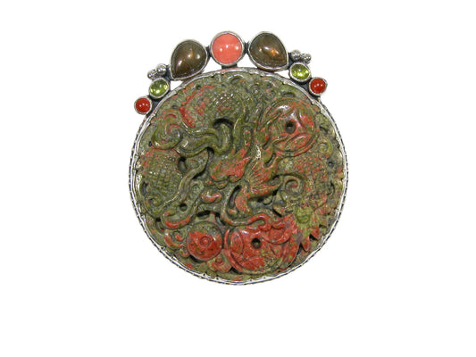 32473 Carved Dragon Unakite Sterling Silver Pin and Pendant