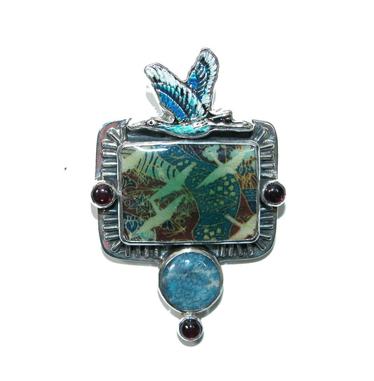 32482 Hand Made Tile Enamel Crane Sterling Silver Pin and Pendant