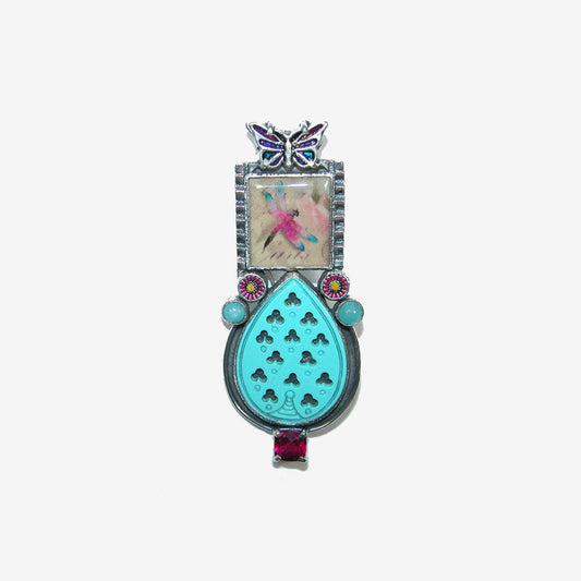 32483 Hand Made Tile, Carved Turquoise Sterling Silver Pin / Pendant