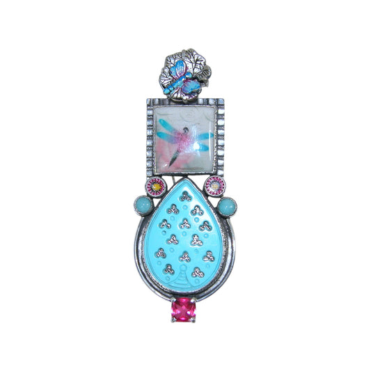 32483A Hand Made Tile, Carved Turquoise Sterling Silver Pin and Pendant