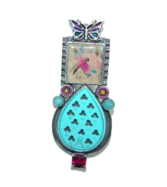 32483 Carved Turquoise, Hand Made Tile Sterling Silver Pin and Pendant