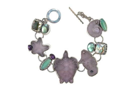 Abalone Amethyst Sea Life Glass Sterling Silver Bracelet