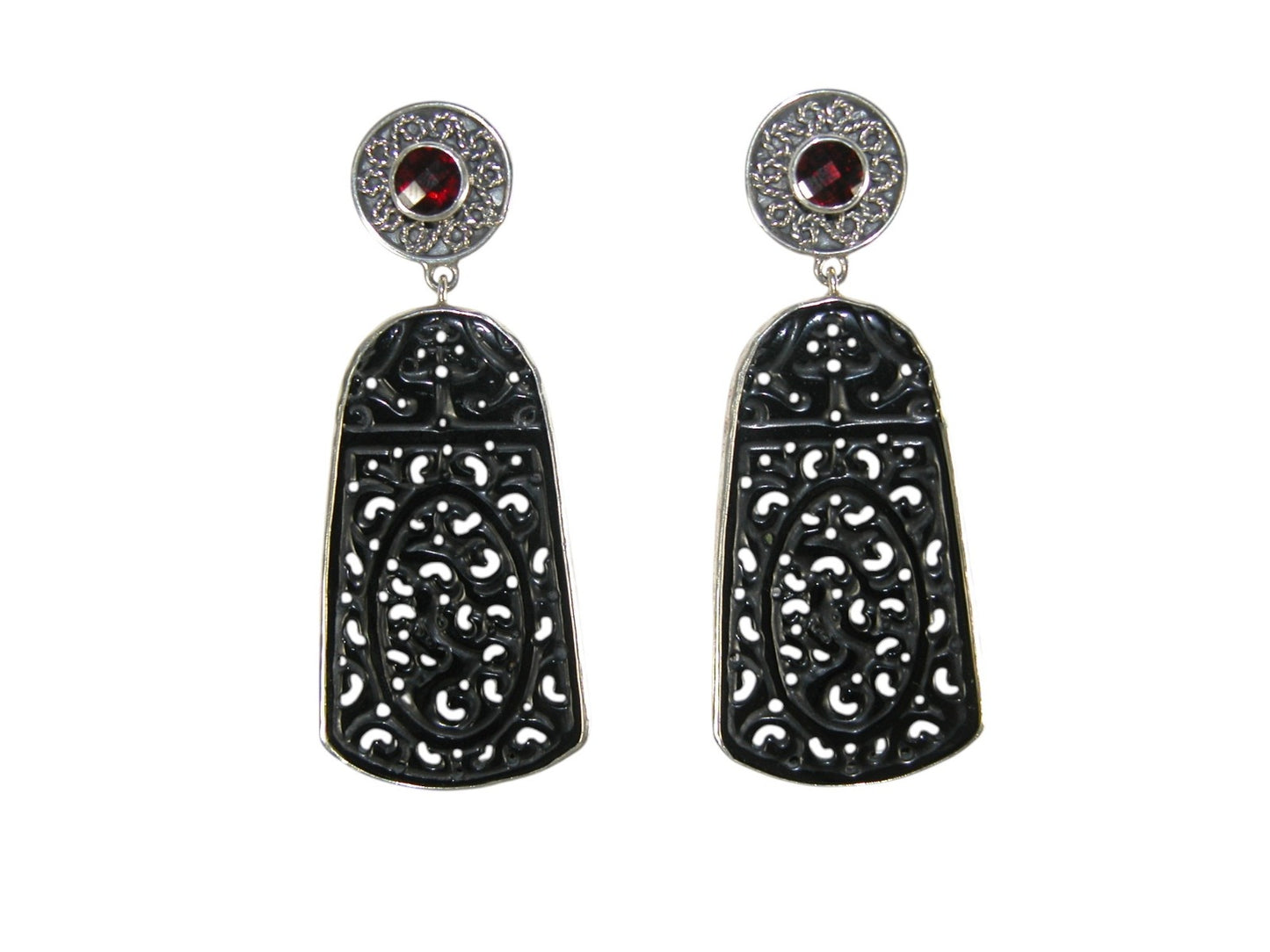 Carved Black Agate and Garnet Sterling Silver Earrings