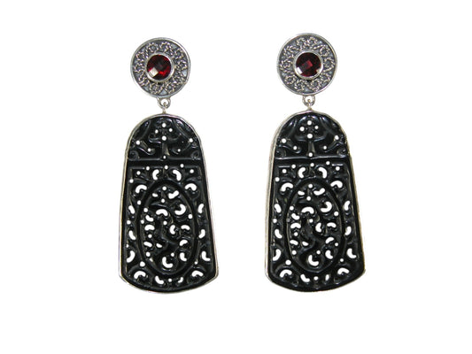 Carved Black Agate and Garnet Sterling Silver Earrings