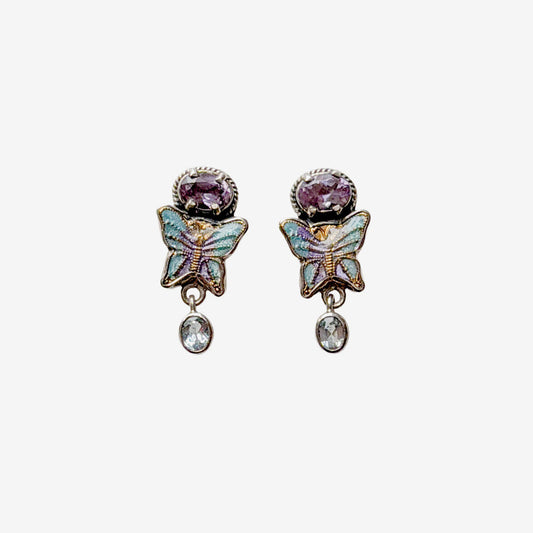 32507 Amethyst, Blue Topaz, Hand-Enameled Butterfly Earrings