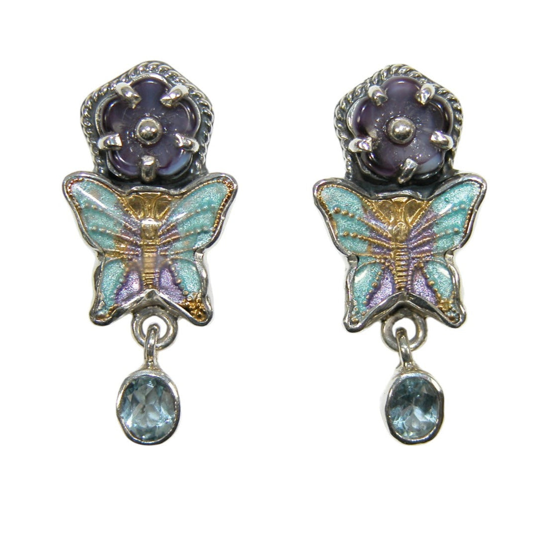 Amethyst Blue Topaz Hand Enameled Sterling Silver Butterfly Earring