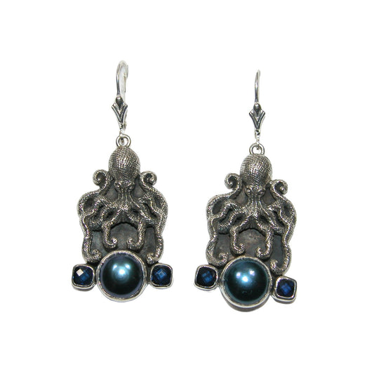 32512 Blue Freshwater Pearl Octopus Sterling Silver Earrings