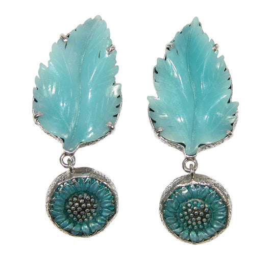 Amazonite and Hand Enameled Daisy Dangle Sterling Silver Earrings