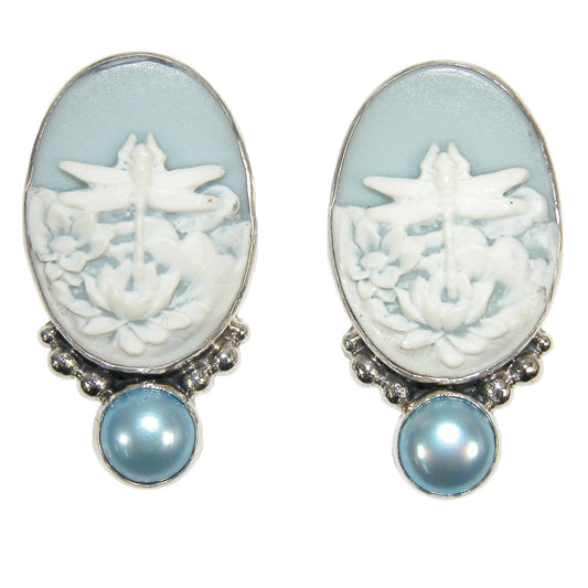 Etched Cameo Freshwater Pearl Sterling Silver Earrings