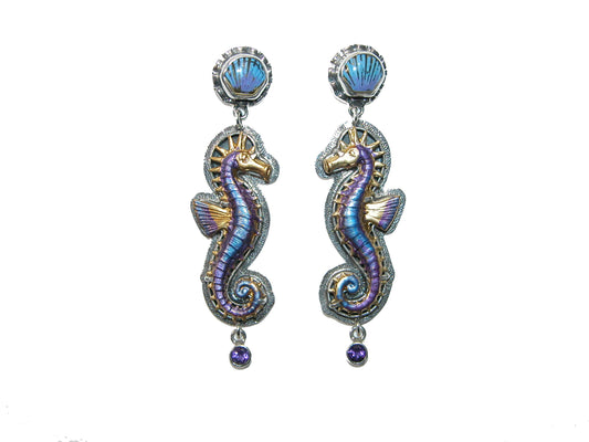 32519 Hand Enameled Dangling Seahorse Sterling Silver Earrings