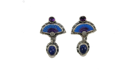 32522 Amethyst, Lapis Hand Enameling Fan Sterling Silver Earrings
