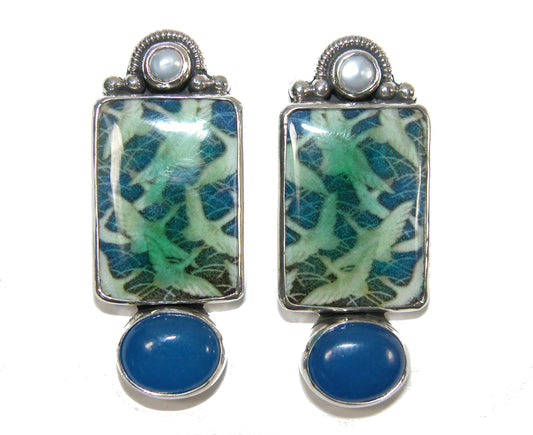 32523 Hand Made Tile, Freshwater Pearl, Blue Onyx Sterling Silver Earrings