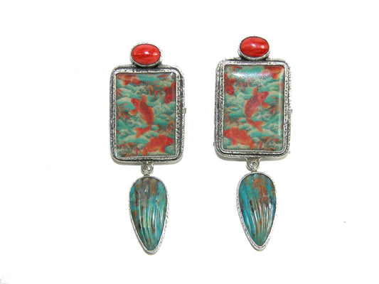 32524 Handmade Koi Tile with Coral and Peruvian Opal Dangle Sterling Silver Earrings