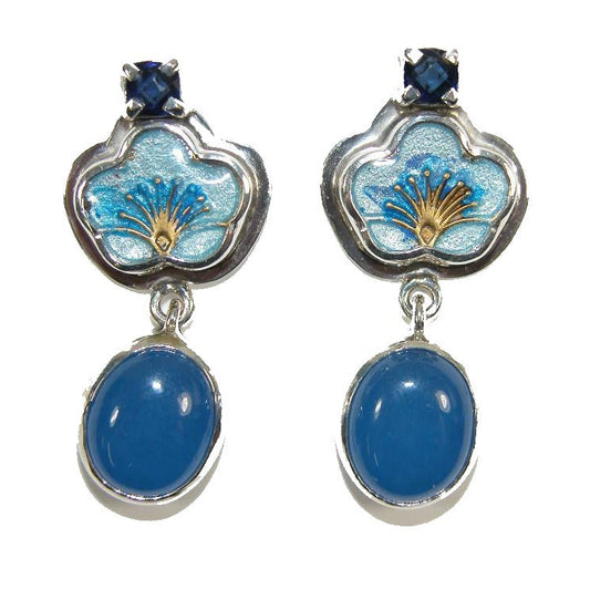 Hand Enameled Blue Flower Drop Earrings with Blue Onyx Sterling Silver Earrings