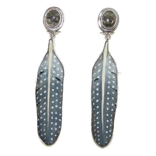 32528 Tourmalated Quartz and Hand Carved Bone Feather Dangle Sterling Silver Earrings