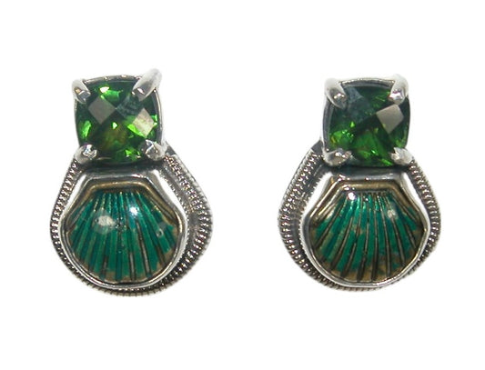 32530 Green Quartz Enamel Seashell Sterling Silver Earring