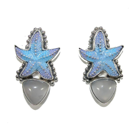 32531 Chalcedony Hand Enameled Starfish Sterling Silver Earrings