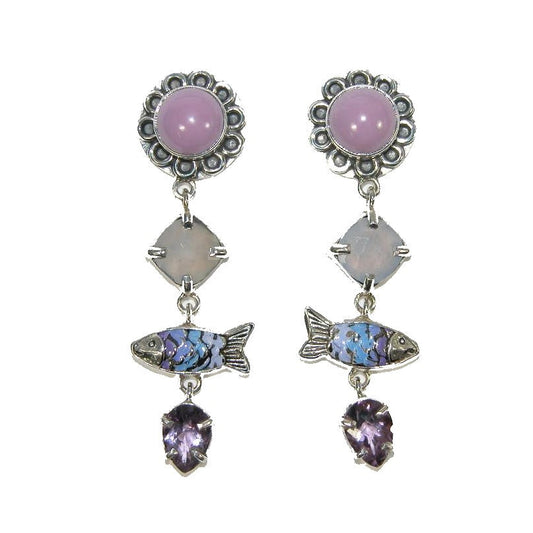32534 Phosphosiderite, Amethyst, Hand Enameled Fish Sterling Silver Drop Earrings