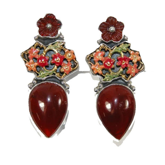32535 Carnelian Flower Hand Enamel Earrings