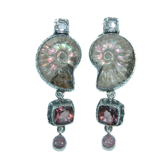 32536 Ammonite, Clear Quartz, Pink Quartz, Rhodochrosite Sterling Silver Earrings