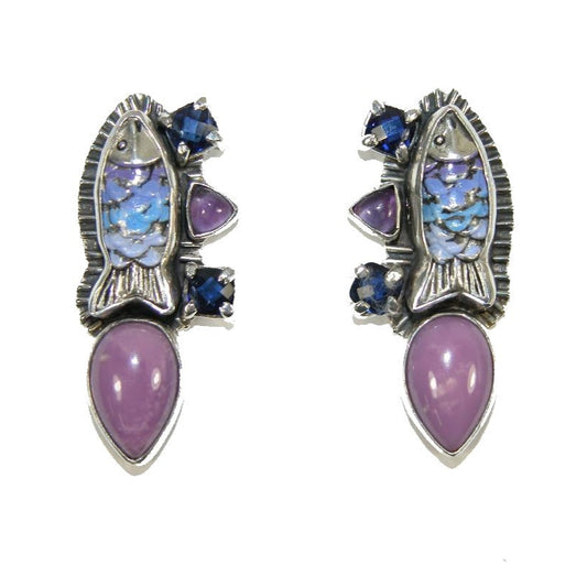 32539 Phosphosiderite, Amethyst Hand Enameled Fish Sterling Silver Earrings